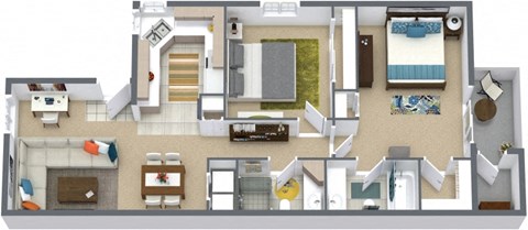 Floor plan for 2 beds, 2 baths, 1000 sqft
